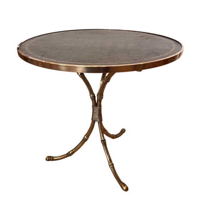 Mid-Century French Faux Bamboo Brass Side Table with Tooled Leather Top, 1960s For Sale - Image 6 of 6