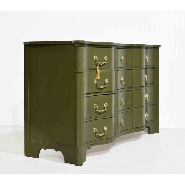 Army Green Mid Century Curved Front Georgian Revival Dresser the Kentmark by Kent Coffey - Newly Painted For Sale - Image 8 of 17