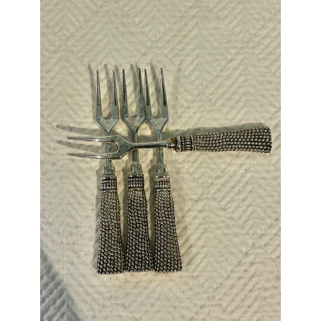 1970s Vintage Silea French Style Silver Plate Tassel Charcuterie & Cocktail Forks – Set of 4 For Sale - Image 5 of 8
