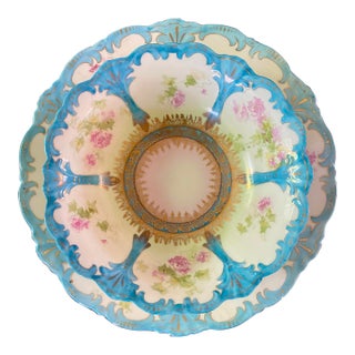 Prussia Plate and Bowl Set Hand Painted Vibrant Blue Border With Gold Accents For Sale
