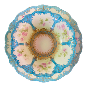 Prussia Plate and Bowl Set Hand Painted Vibrant Blue Border With Gold Accents