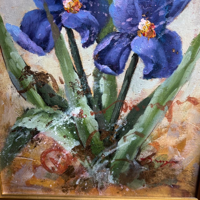 Blue European School 20th Century Oil on Canvas Impressionist Floral Still Life Blue Irises and Butterfly Framed Signed For Sale - Image 8 of 10