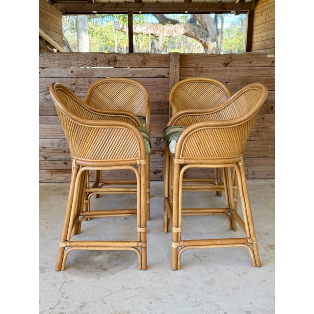 Set of Four Vintage Boho Organic Modern Rattan Bar Stools With Pencil Rattan Backs For Sale - Image 4 of 12