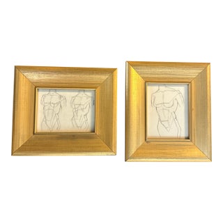 1940’s Two Original Art Deco Male Figure Pencil Drawings - Set of Two For Sale