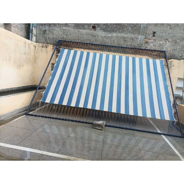 Handmade Cotton Area Rug, Natural Vegetable Dyed, Sky Blue and White Striped Dhurrie - 10'x14' For Sale - Image 12 of 12