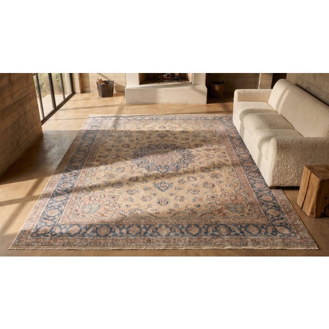 Beige 1920s Beige Medallion Traditional Antique Persian Kirman Rug 15'6" X 22'2" Handknotted Wool Carpet For Sale - Image 8 of 9