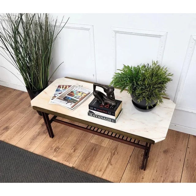 Milo Baughman Mid-Century Modern Italian Marble Brass and Wood Cocktail Coffee Table by Milo Baughman, 1960s For Sale - Image 4 of 9