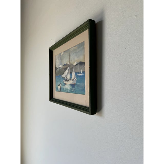 1970's Vintage Watercolor Fishing Boat Nautical Landscape Painting, Framed For Sale - Image 4 of 11