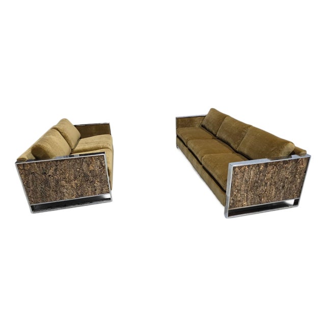 MCM Adrian Pearsall Chrome Flat-Bar Cork-Sided Sofa & Loveseat Set Newly Reupholstered For Sale