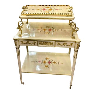 French-Style White Serving Table – Gold Leaf Details, Floral Inlay & 3-Tier Design For Sale