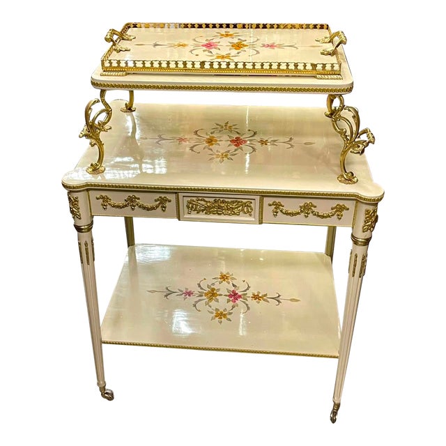 French-Style White Serving Table – Gold Leaf Details, Floral Inlay & 3-Tier Design For Sale