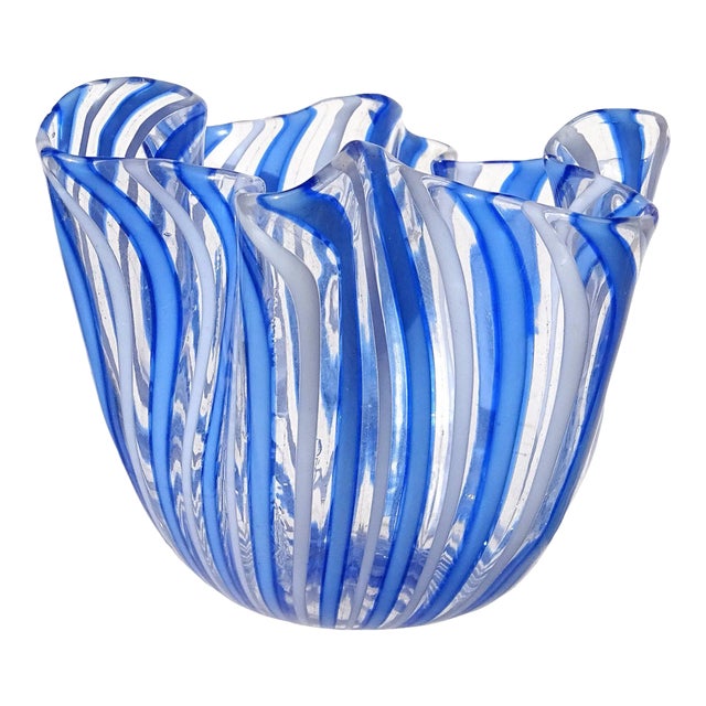 Vintage Murano Venini Bianconi Blue White Filigrana Ribbons Italian Art Glass Decorative Fazzoletto Vase For Sale