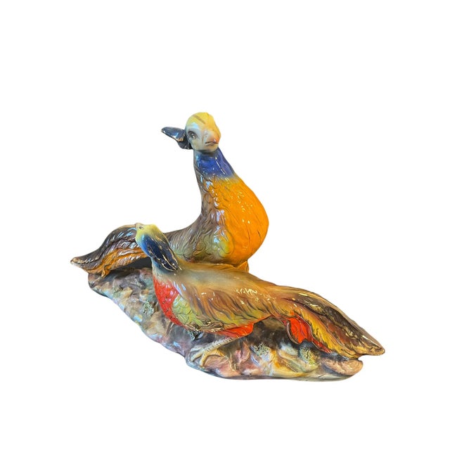 Large Italian Colorfly Glazed Porcelain Pheasant Couple Vintage Sculpture Large Italian Colorfly Glazed Porcelain Pheasant...