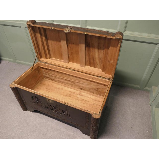 Art Deco Carved Dark Camphor Wood Chest, 1920 For Sale - Image 6 of 8