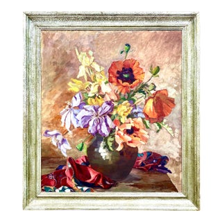 Midcentury Signed Original Floral Oil Painting For Sale