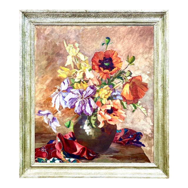 Midcentury Signed Original Floral Oil Painting For Sale
