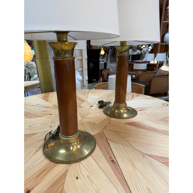 Paint 1970s Mid-Century Modern Brass and Brown Lacquer Table Lamps - a Pair For Sale - Image 7 of 8