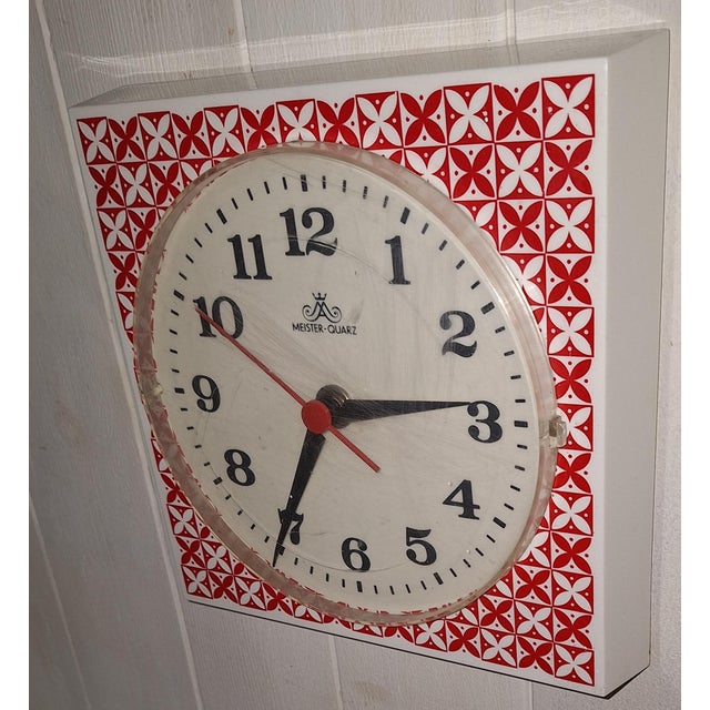 Vintage German Wall Clock in White Plastic with Red Decor by Meister, 1970s For Sale - Image 4 of 6