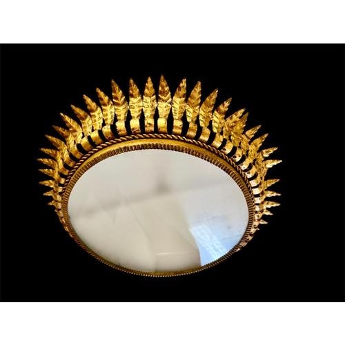 Large Spanish Crown Sunburst Fixture in Gilt Metal and Frost Glass, 1950 For Sale - Image 3 of 10