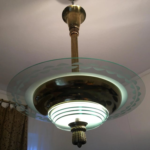 1930s Art Deco Ceiling Lamp in Brass and Patterned Glass For Sale - Image 5 of 5