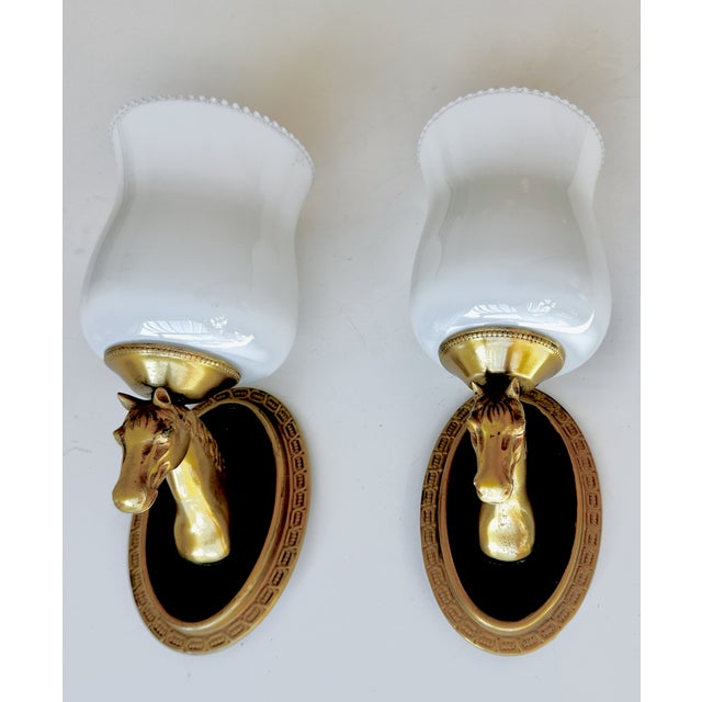 1950s French Neoclassical Brass Horse Sconces Opaline Shades by Maison Lancel For Sale - Image 15 of 15