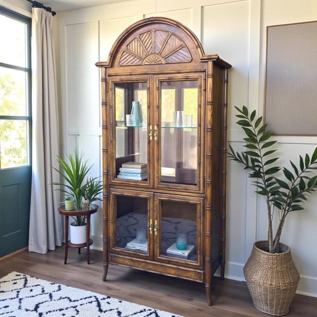 Ornamental & Decorative Materials Vintage Faux Bamboo Arched Cabinet | Tall Glass Curio | Hutch For Sale - Image 7 of 10