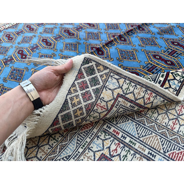 Fine Quality Blue Turkmen Bokhara Hand-Knotted Wool Rug - 6'7" X 9'7" For Sale - Image 10 of 11