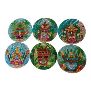 Set of 6 Vintage Tiki Rhinestone Coasters | Palm Springs Poolside Barware | Tropical Island Cocktail Coasters For Sale