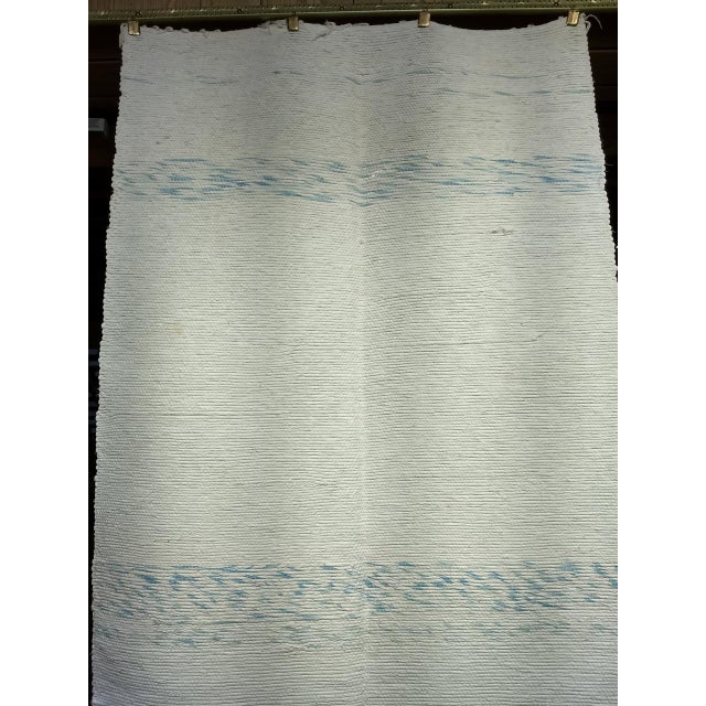 American Vintage American Rag Rug, Handwoven Wool & Cotton, Ivory & Blue Stripe Pattern, 3x4 For Sale - Image 3 of 3