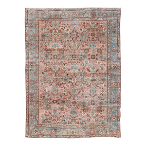 Antique Distressed Persian Sultanabad Rug With Burnt Orange Field, Blue Border 10'0" X 13'0"