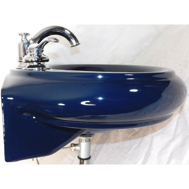 1999 Vintage Kohler Revival Dark Navy Blue Vitreous China Pedestal Sink With Kohler Faucet For Sale - Image 4 of 18