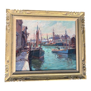 Emile Albert Gruppe " Morning in Gloucester" Harbor Scene Oil Painting Cape Ann School 30" X 25" For Sale