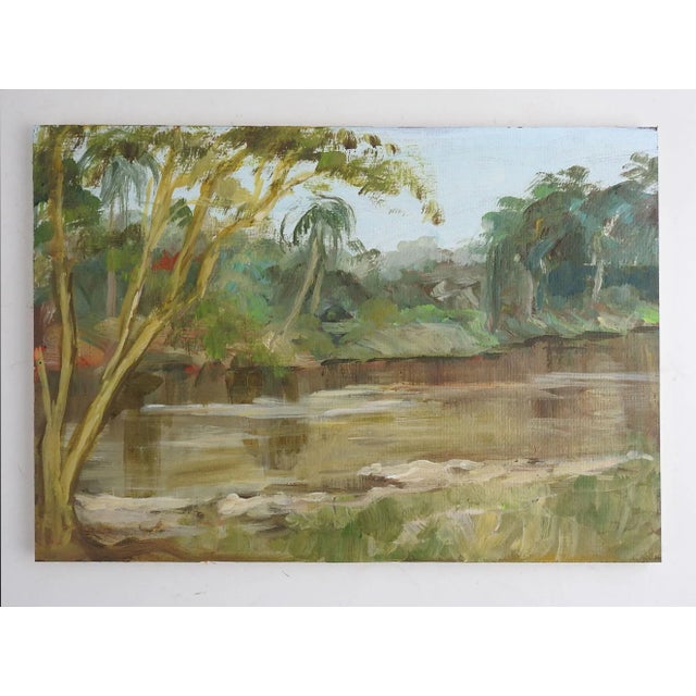 Oil on artist board painting of tropical inlet. Unsigned. Unframed mounted to foam core backing.