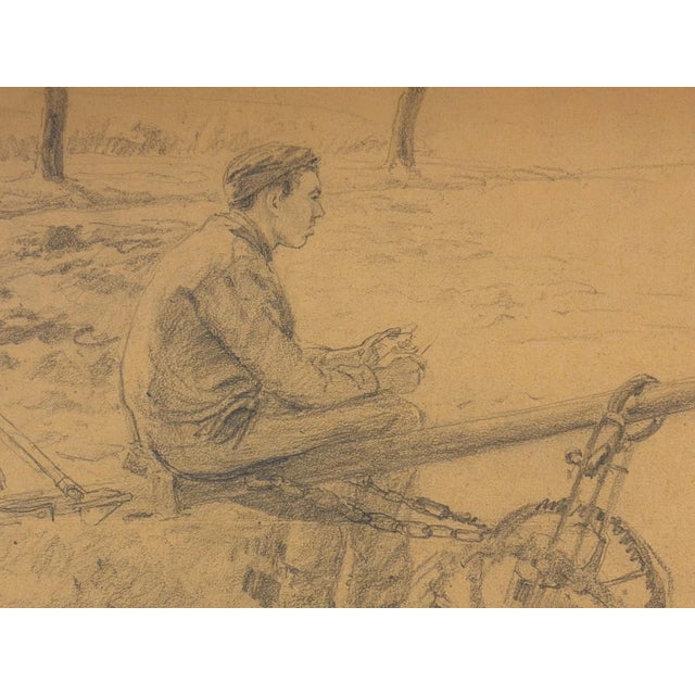 Modern Heinrich Pforr, Farmer at the Plow, Resting in the Field, Agriculture, 1920s, Pencil on Paper For Sale - Image 3 of 11