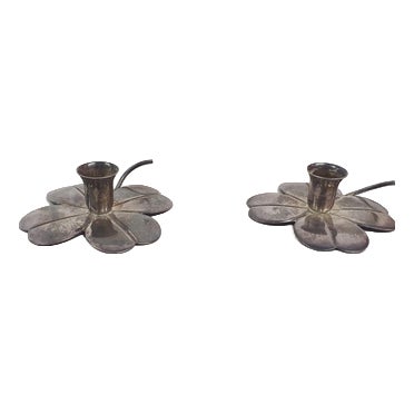 Silver Clover Candleholders attributed to Carl Frederik Christiansen, Denmark, 1950s, Set of 2 For Sale