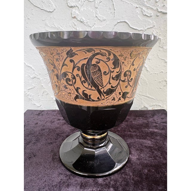 Antique Bohemian Amethyst Glass Footed Bowl With Ooplastic Gilt Bird Frieze, Circa 1910-1925 For Sale In Orlando - Image 6 of 12