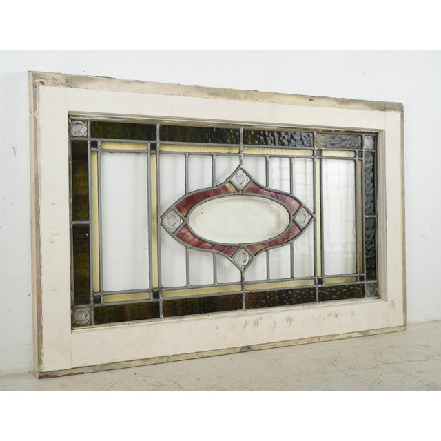 Antique Arts & Crafts Leaded Stained Glass Window 34.75 X 21.75 In. For Sale - Image 4 of 8