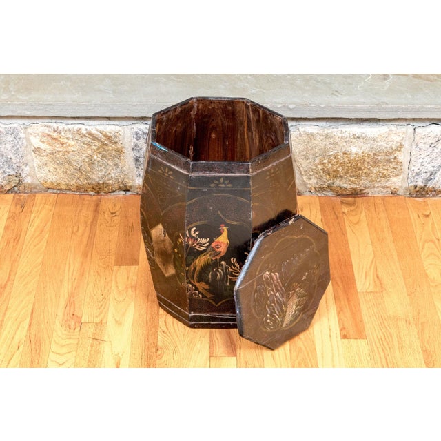 Black Antique Octagonal Chinoiserie Lacquered Rice Barrel For Sale - Image 8 of 12