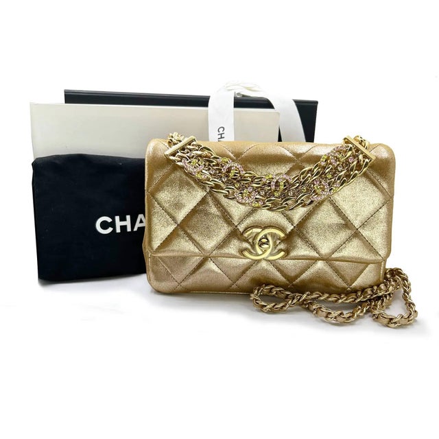 Contemporary Chanel Gold Shimmer Crystal CC Handle Crossbody 2 Way Bag For Sale - Image 3 of 7