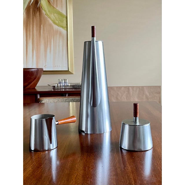 1950s Italian Mid-Century Modern Stainless Steel & Teak Coffee Tea Service - 3pc. Set For Sale - Image 5 of 10