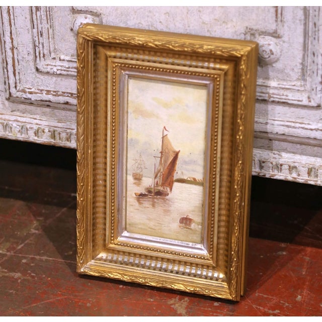 Decorate a small space or powder room with this charming antique marine painting. Crafted in France circa 1890, the oil on...