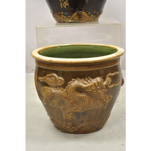 Brown Vintage Chinese Brown Glazed Ceramic Dragon Cachepot Planter Pots - a Pair For Sale - Image 8 of 13