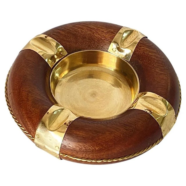 1970 solid wood and brass ashtray. Brass vide poche, decorative object.
