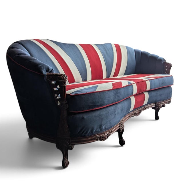Vintage Union Jack Upholstered Sofa With Ornate Carved Wood Frame For Sale - Image 12 of 18