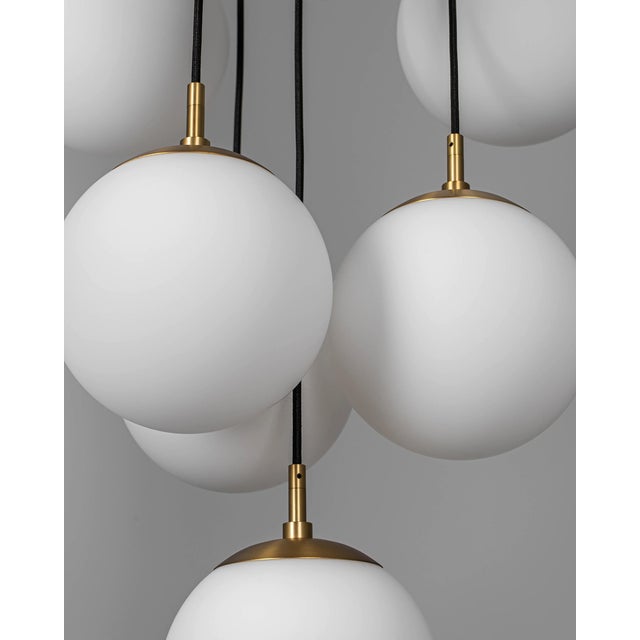 Brass & Glass Globe Cluster Chandelier, 10-Light Cascading Pendant by Schwung For Sale - Image 12 of 12