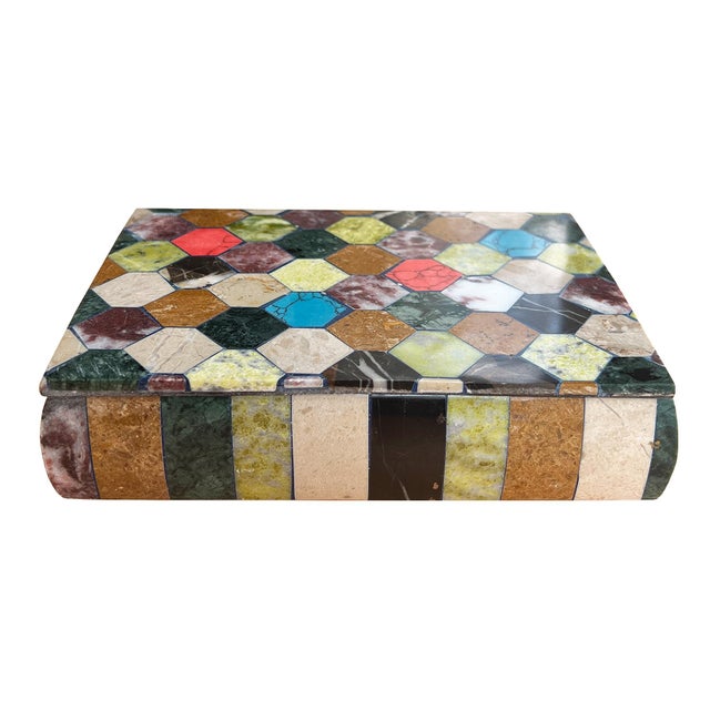 Polychrome Semi-Precious Stone Hexagonal Inlaid Box, 20th Century For Sale - Image 14 of 14