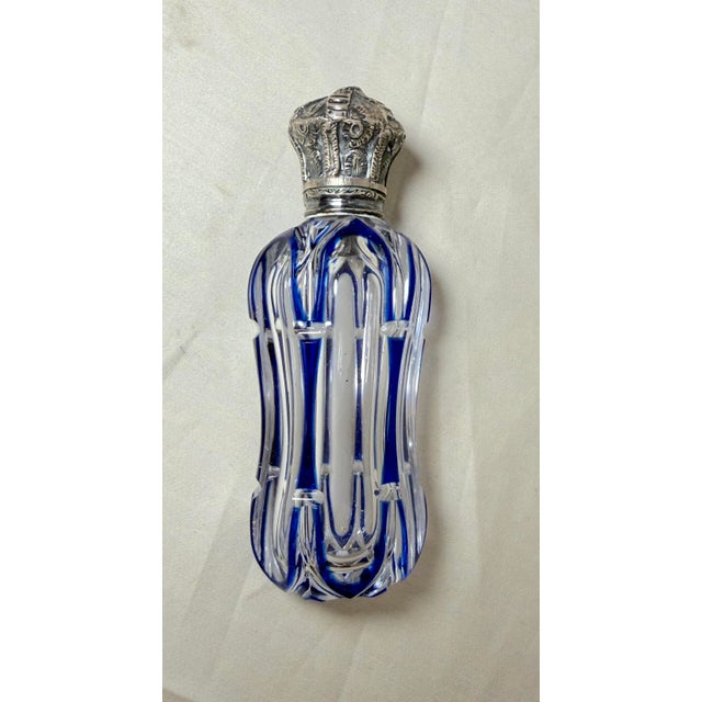 Victorian Antique 1800's European Cut to Clear Crystal Sterling Silver Perfume Bottle Jar For Sale - Image 3 of 15