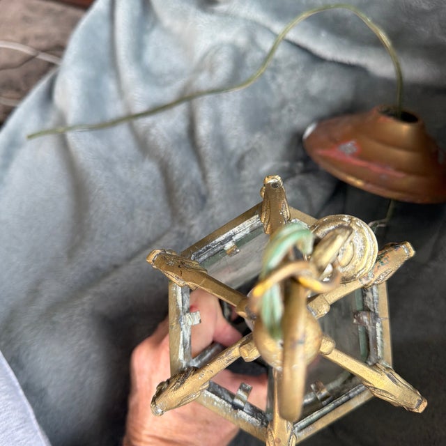 Vintage French Rococo-Style Hexagonal Brass & Glass Hall Lantern For Sale In New York - Image 6 of 6