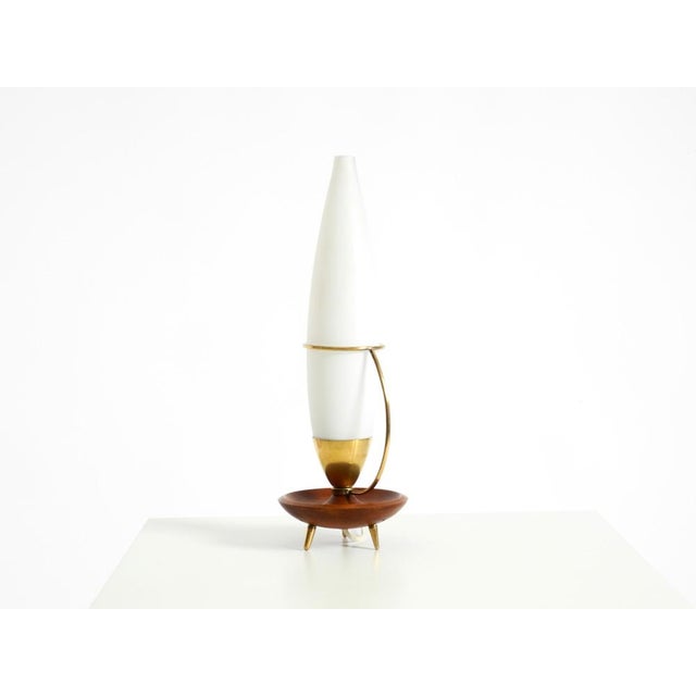Mid-Century Modern Large Mid-Century Modern Table Lamp in Brass and Teak with Frosted Glass Shade, 1950s For Sale - Image 3 of 18