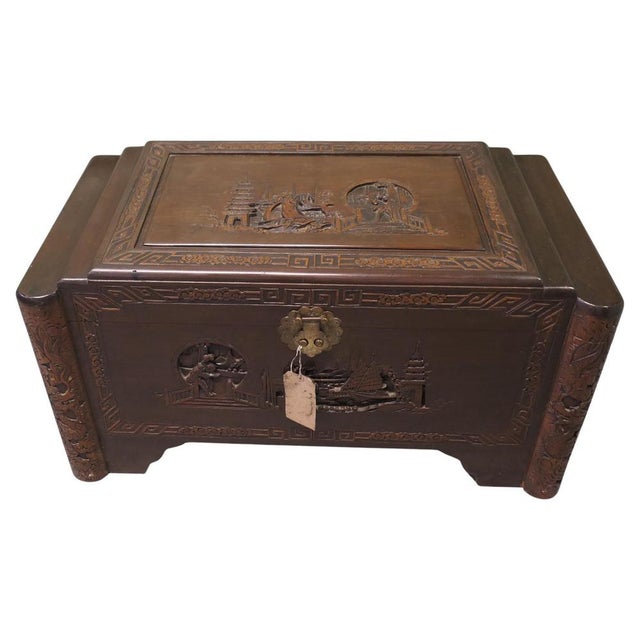 Brown Art Deco Carved Dark Camphor Wood Chest, 1920 For Sale - Image 8 of 8